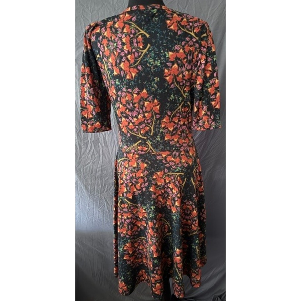 LuLaRoe Nicole Dress Large Orange Pink Floral Fit Flare Elbow Sleeve Knee Length